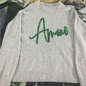 Gray sweater with green sequin embroidery